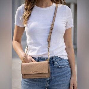 Michael Kors Jet Set Crossbody Wallet Beige Saffiano Leather